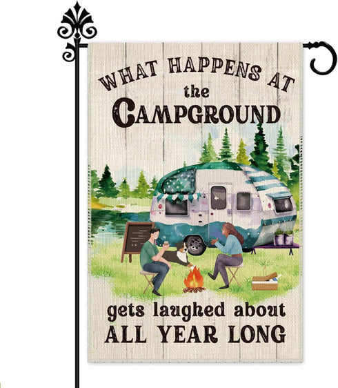 What Happens at Campground Get Laughed Garden Flag - 12 x 18 Inch Holiday Yard Outdoor Decoration
