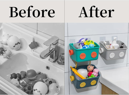 3 Bath Toy Storage Organizer Basket, Layers Colorful Robot Modeling Wall Mounted Kids Hanging Shower Caddy with Hooks