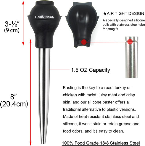 KAYCROWN Stainless Steel Turkey Baster - Commercial Grade with Silicone Bulb, Marinade Injector Needles, Basting Brush