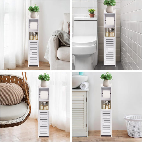 ShellKingdom Toilet Paper Holder Stand with Rods, Small Bathroom Storage Cabinet with Doors and Shelves, Slim Storage
