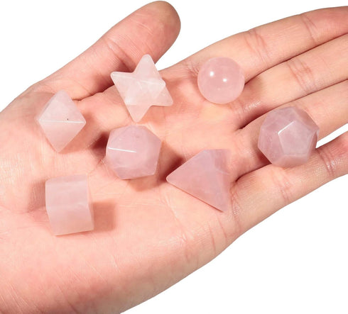 Amogeeli Crystal Platonic Solids Sacred Geometry Set, Healing Stone Gift Kit with Merbaka Star and Rose Quartz