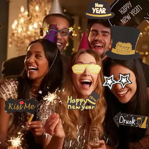 New Years Photo Booth Props - Champagne Bottle, Clock, Wine Glasses Cutouts for 2025 NYE Party Decorations