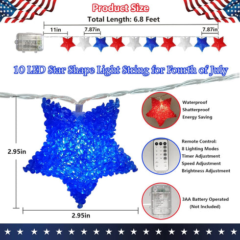 Red White Blue Star Lights, 6.8Ft 4th of July Decorations, Battery Operated LED String Lights