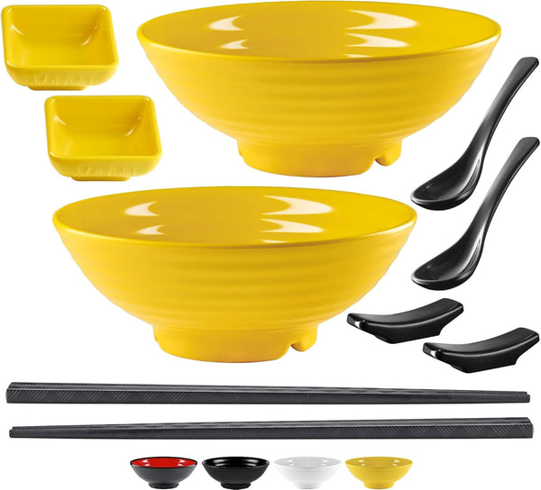 Unbreakable Ramen Bowl Set with Chopsticks and Spoon, 2 Large Japanese Style Melamine Bowls for Pho Soup, Yellow