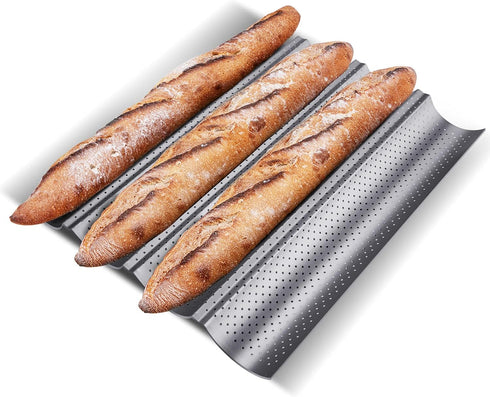KITESSENSU Silver Nonstick Baguette Pans for Baking French Bread, Perforated 4 Loaves Tray, 15" x 13"