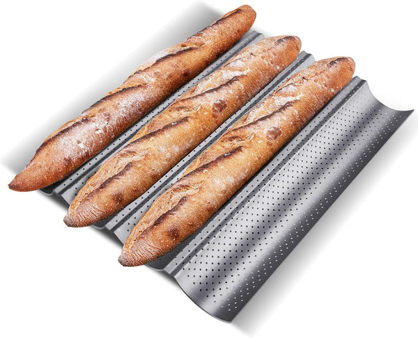 KITESSENSU Silver Nonstick Baguette Pans for Baking French Bread, Perforated 4 Loaves Tray, 15" x 13"