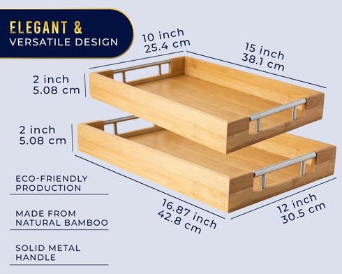 2-Piece Set 12"x17" Comfify Decorative Bamboo Serving Trays with Silver Stainless Steel Handles for Coffee Table
