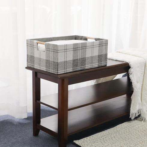 Fabric Storage Bin Box, Collapsible Cotton Linen Storage Cube with Wooden Handles, Light Gray Plaid, Medium