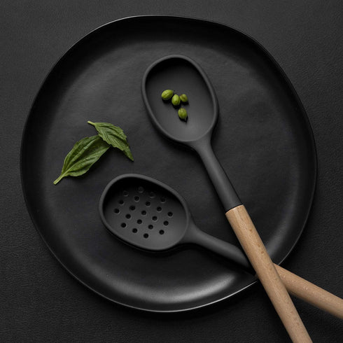 Country Kitchen 6 pc Non Stick Silicone Utensil Baking Set with Rounded Wooden Handles for Cooking and Baking, Black