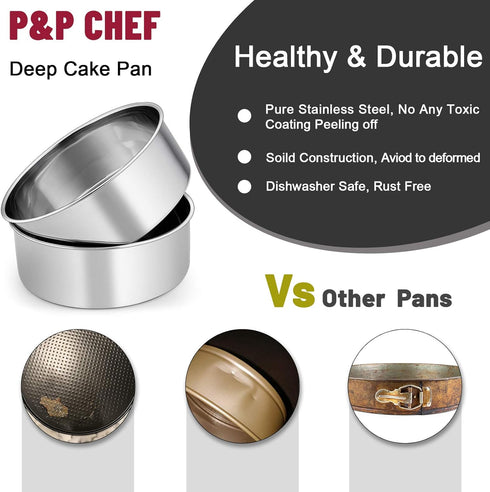 P&P CHEF Round Cake Pans Set of 2, 8 x 3 Inch Stainless Steel for Layer Birthday and Wedding Cakes, Oven Safe