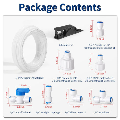 Professional 1/4" OD Tubing Water Line Kit for Refrigerator Ice Makers, 49.2 ft Ice Maker Water Line Kit for RO Water Systems with Fittings(White)