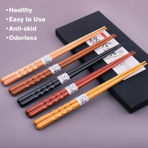 GLAMFIELDS Reusable Chopsticks, 5 Pairs, Japanese Natural Wooden, Hand-Carved, 8.8 Inch/22.5cm Gift Set