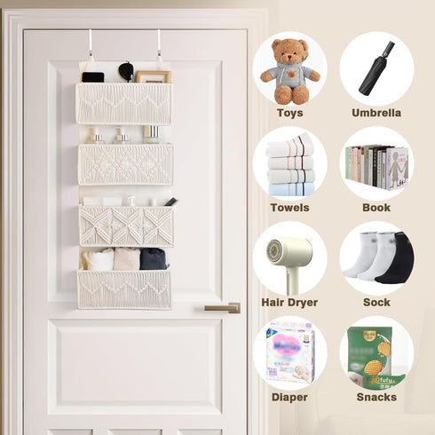 4 Closet janebeauties Over the Door Organizer Macrame Boho Nursery Storage with Large Woven Pockets, Hanging Basket