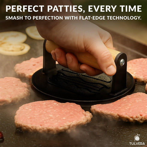 6.1 Smash Burger Press | Cast Iron Hamburger Smasher Tool | Flat-Edge Meat Press for Hamburgers, Bacon, Outdoor Kitchen