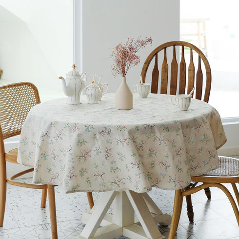 YiHomer Pastoral Round Tablecloth - 60 Inch Dia. - Beige Linen Washable Table Cover for Indoor and Outdoor Dining