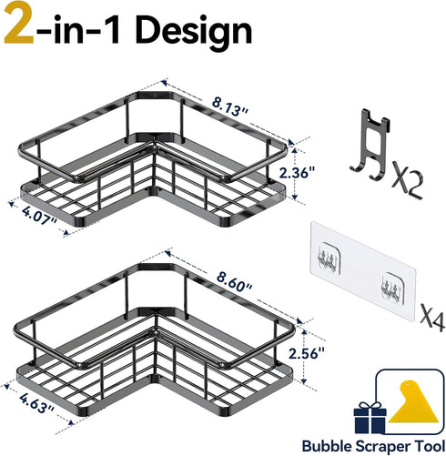 2 Pack, 2 YASONIC Corner Shower Caddy No Drill Adhesive Shower Storage Shelves, Rustproof Stainless Steel Wall Mounted