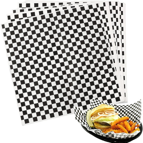 100 Sheets Checkered Dry Waxed Deli Paper, Paper Liners for Plastic Food Baskets, Wrapping Bread and Sandwiches