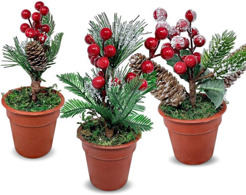 Christmas Tabletop Decorative Pots Set of 3 with Pine Red Berries, Pine Cones Greenery - Snow Flocked Xmas Holiday Decor