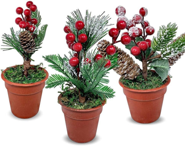 Christmas Tabletop Decorative Pots Set of 3 with Pine Red Berries, Pine Cones Greenery - Snow Flocked Xmas Holiday Decor
