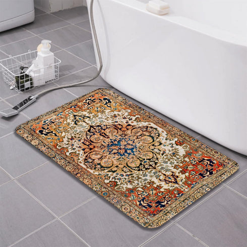 20x30 Inch Vintage Bath Mat, Antique Rustic Aesthetic Yellow Orange Tribal Bathroom Boho Rugs, Washable Cover for