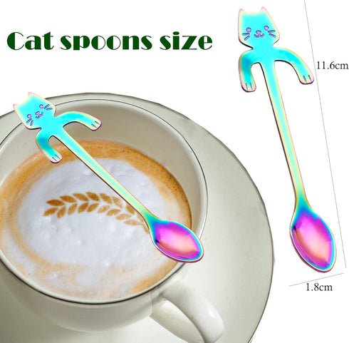 Cat Spoon Coffee Tea Spoon Set, ESRISE Stainless Steel Hanging Cup Teaspoons Demitasse Mini Long Cute Kitten Stirring Spoon for Dessert Drink Mixing Milkshake (Multicolor)
