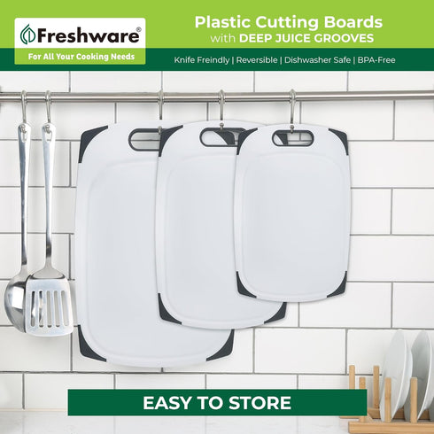 Plastic Cutting Boards for Kitchen, Cutting Board Set of 3, Juice Grooves with Easy Grip Handle, BPA-Free