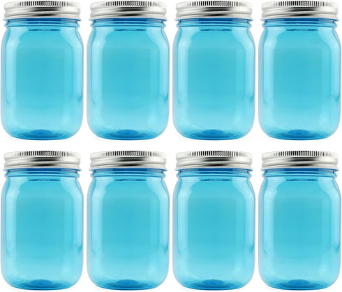 Cornucopia Brands 16oz Plastic Mason Jars, 8-Pack, Blue with Silver Metal Lids, BPA-Free, 2-Cup Capacity