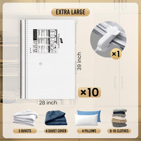 TAILI-LONG SIDE ZIP 10 Pack Vacuum Storage Bags, Extra Large Space Saver Bags (39x28 inches) for Closet Organization