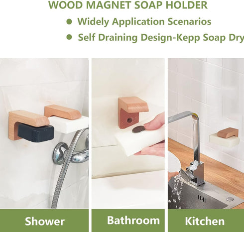 (2 sets) Wood Magnetic Bar Soap Holder for Shower Wall, Eco-Friendly Wooden Soap Dish for Soaps & Beard Shampoo Bars