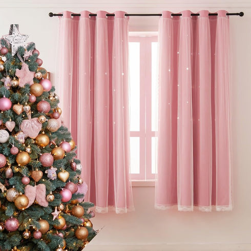84 Inches 1 Pink Blackout Curtains for Girls Bedroom Cute- Aesthetic Star Cutout Double Layer with Sheer Overlay, Long