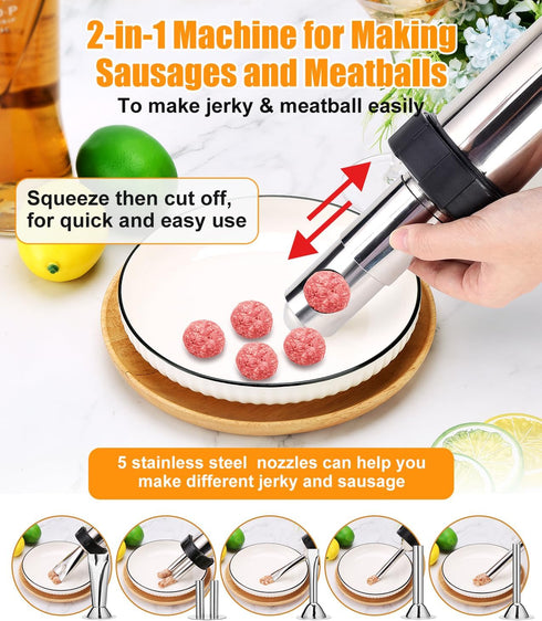 5rd 2.5 LB 6 Nozzles, 2 1 Gen Jerky Gun Kits, Jerky Maker Gun, Meatball Maker, Stainless Steel Sausage Stuffer Jerky