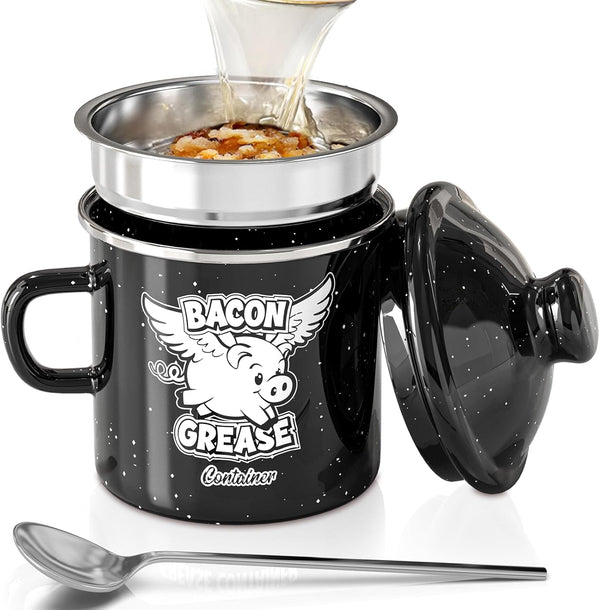 PGYARD Mini Bacon Grease Container With Strainer - 15OZ Farmhouse Enamel Grease
