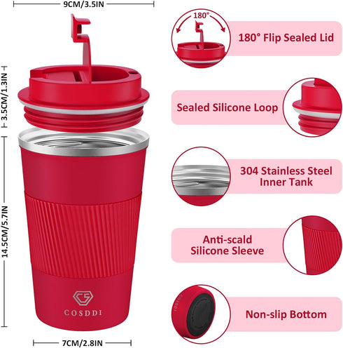 12 oz Stainless Steel Vacuum Insulated Tumbler, Spill Proof Coffee Travel Mug with Lid, Red