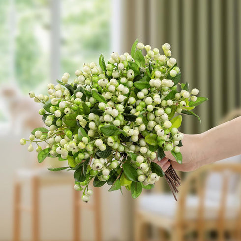 20 Pack 9.8 inch SHACOS Artificial White Berry Stems PCS Fake Berries Branches Spray with Green Leaves Small Berry