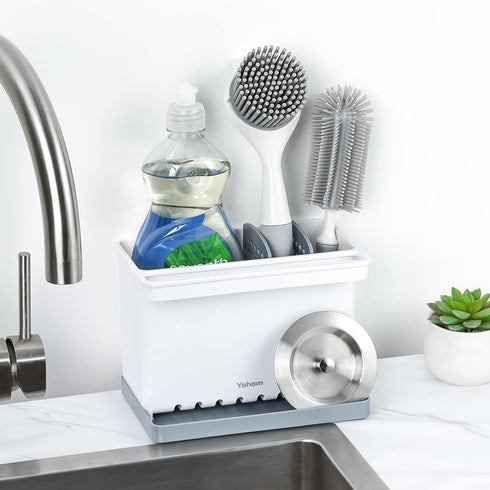 Countertop YOHOM Sink Brush Holder for Kitchen Sink Sponge Caddy Organizer Plastic Dish Scrubber Holder with Dividers