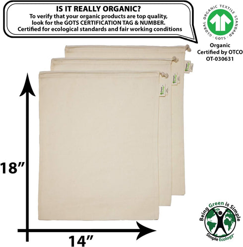 Reusable Grocery Produce Shopping and Storage Bags, Organic Cotton Muslin, XLarge 3 Pack