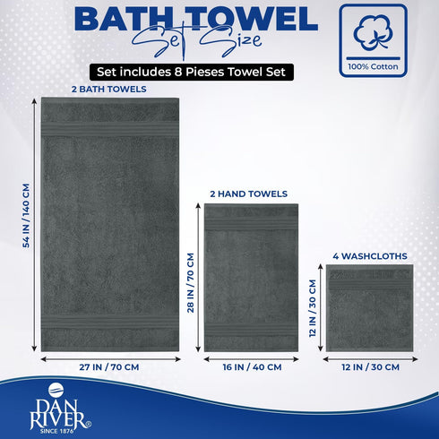 8 2 2 4 600 100% Set, DAN RIVER PC Luxury Bath Towels for Bathroom, Bath, Hand, and Wash Cloths, GSM Ring Spun Cotton