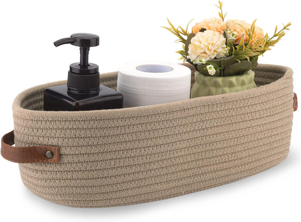 Boho Decor Storage Basket, Woven Decorative Basket for Organizing Countertop and Toilet Paper with Handle