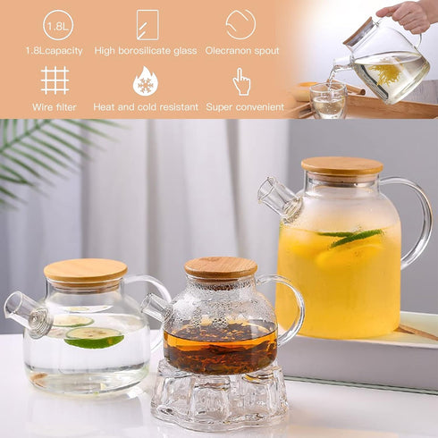 Glass Teapot with Strainer, Stovetop & Microwave Safe Borosilicate Glass Kettle, 60.8oz/1800ml, Wooden Lid