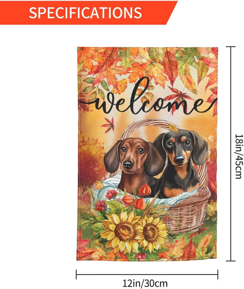 Welcome Fall Dachshund Dog Sunflower Garden Flag, 12x18 Inch Double Sided Vertical Decoration for Outside Holiday