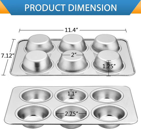 E-far Muffin Pan Set of 2, Stainless Steel Muffin Pan Tin for Baking, 6-Cup Metal Cupcake Pan Tray, Non-toxic & Healthy, Oven & Dishwasher Safe, Regular Size - 11.44 x 7.12 x 1.25 inch by E-far
