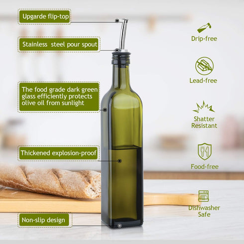 AOZITA 17oz 500ml Glass Olive Oil Bottle Dispenser - Green Oil and Vinegar Cruet with Pourers and Funnel - Olive Oil