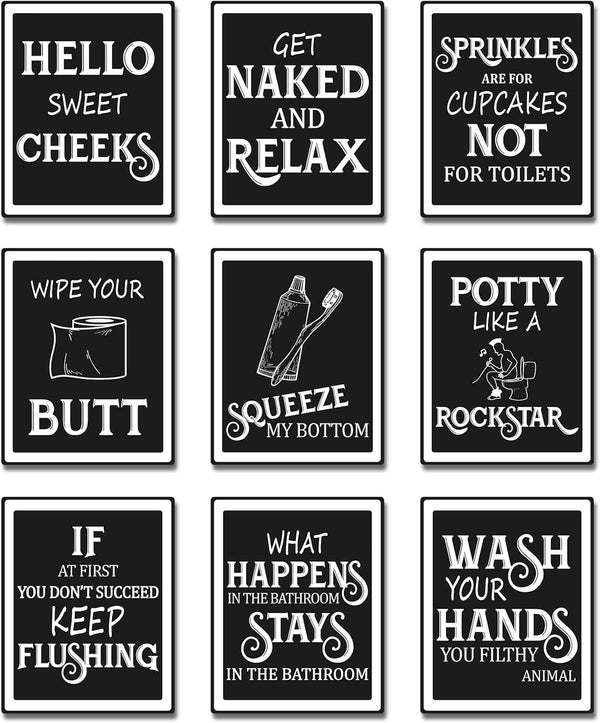 Zonon 9 Pieces Bathroom Wall Decor, Funny Vintage Signs Washroom Quotes Art Prints for Restroom Toilet Decoration.