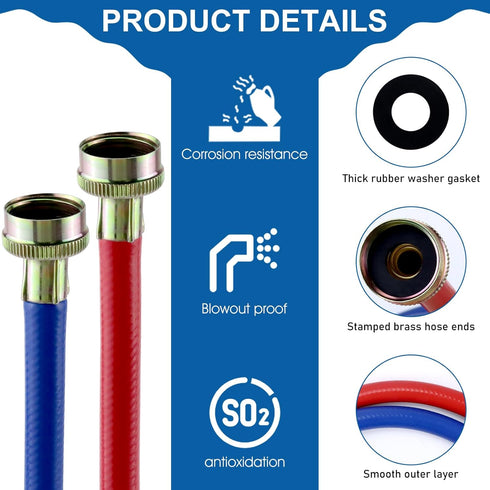 6FT Rubber Washing Machine Hoses, Universal Burst Proof Water Supply Lines for Hot and Cold Water (2 Packs)