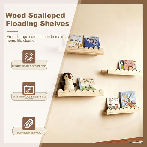 icnjdMopclean Set 4, Wood,16 Inch, Scalloped Shelves for Nursery - Wall Book Shelves for Bedroom Kids, Nursery