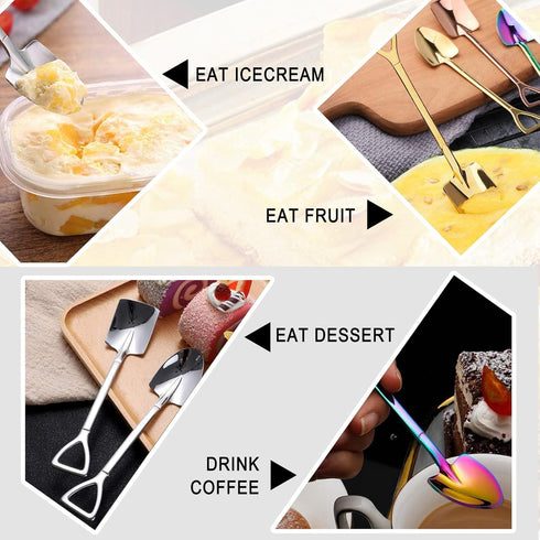 10Pcs Reusable Shovel Spoons, Stainless Steel Dessert Spoons for Coffee, Tea, Ice Cream, Fruit, Sugar, Cake