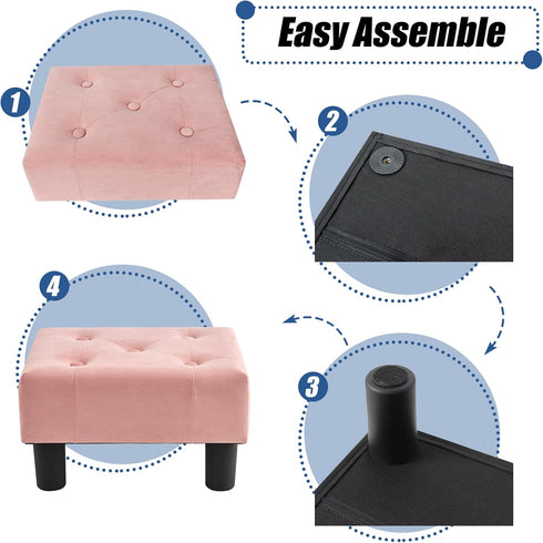 BRIAN & DANY Small Foot Stool, Velvet Foot Stools with Legs, Stable Small Footstool for Living Room, Pink