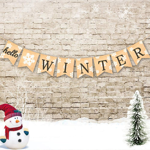 Burlap Hello Winter Banner, Snowflake Winter Holiday Bunting Garland Decoration