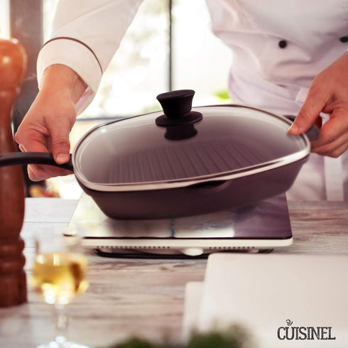 Cuisinel Cast Iron Square Grill Pan with Glass Lid, Pan Scraper, Handle Cover - 10.5" Pre-Seasoned