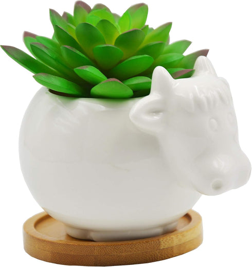 Cuteforyou Cute Cartoon Succulent Pots, Ceramic Cactus Flower Pot, Desk Accessories, Makeup Brush Storage (White Cow)
